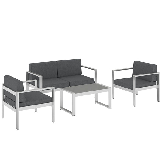 Photo of Outsunny 4 Seater Garden Furniture Set, Extra Wide Deep Garden Sofa Set with Olefin Cushions, Brushed Aluminium Frame, Dark Grey in Grey colour on a white background