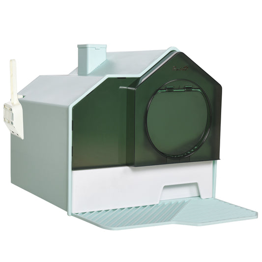 Photo of PawHut Hooded Cat Litter Tray w/ Scoop Light Blue in Blue colour on a white background