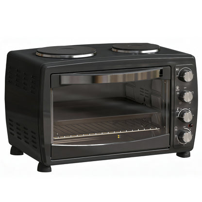 HOMCOM black countertop oven with two hot plates, glass door and four control knobs