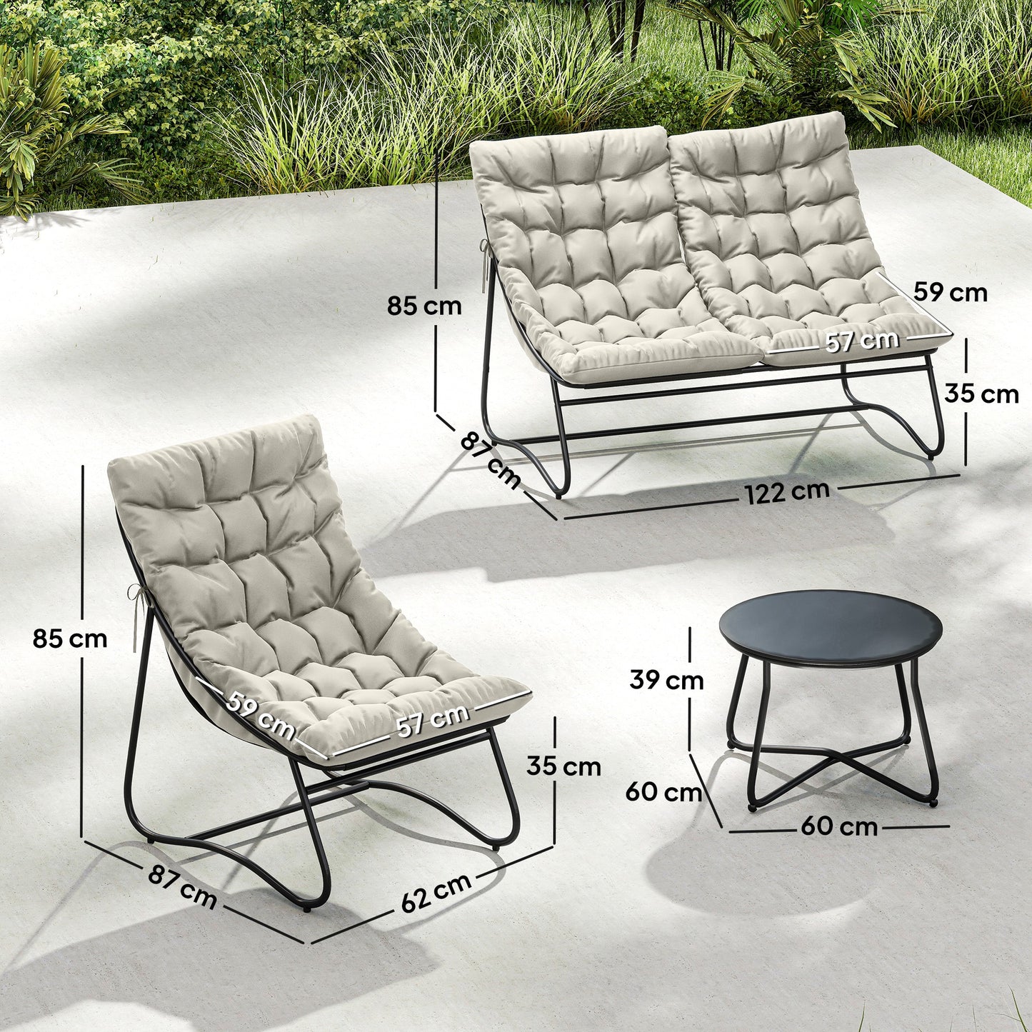 Outsunny 4 Seater Garden Furniture Set, Conversation Set with Loveseat Sofa, Chairs, Glass Coffee Table, Thick Cushions, Steel Outdoor Sofa for Balcony, Poolside, Conservatory, Light Grey