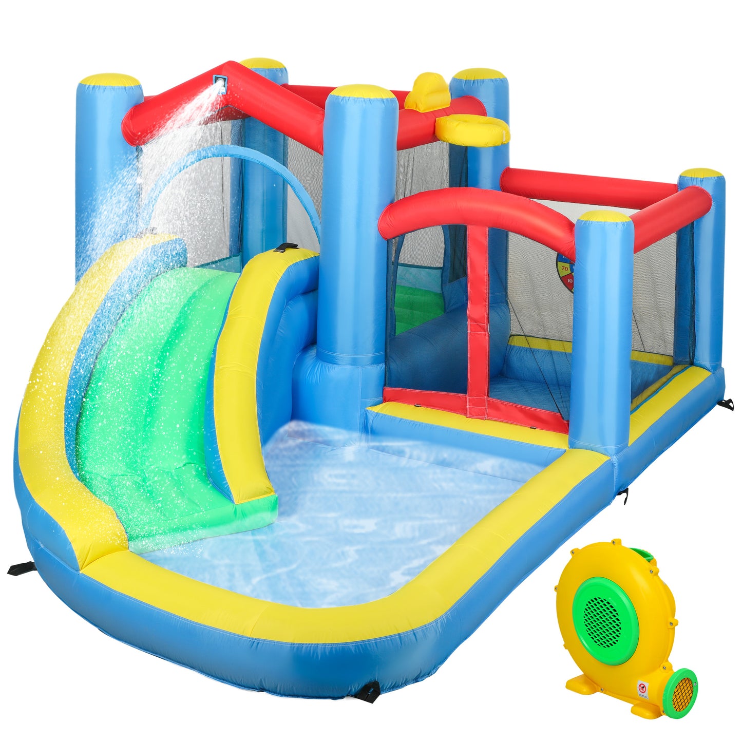 Photo of AIYAPLAY Inflatable Bouncy Castle with 550W Blower, Basketball Hoop, Long Slide, Dart Board, Carrying Bag, 385 x 290 x 180 cm in cm colour on a white background