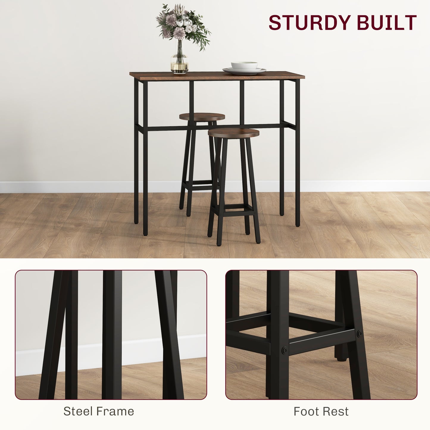 HOMCOM 6-Piece Industrial Bar Table Set, 2 Breakfast Tables with 4 Stools Brown
