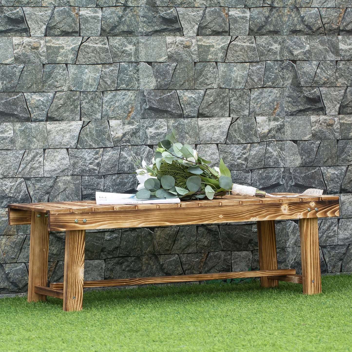 Outsunny Wooden Garden Benches, 2 Seater Outdoor Benches, Fir Wood Backless Patio Loveseat with Slatted Seat for Park, 110 x 38 x 35 cm, 3 Pieces, Carbonised