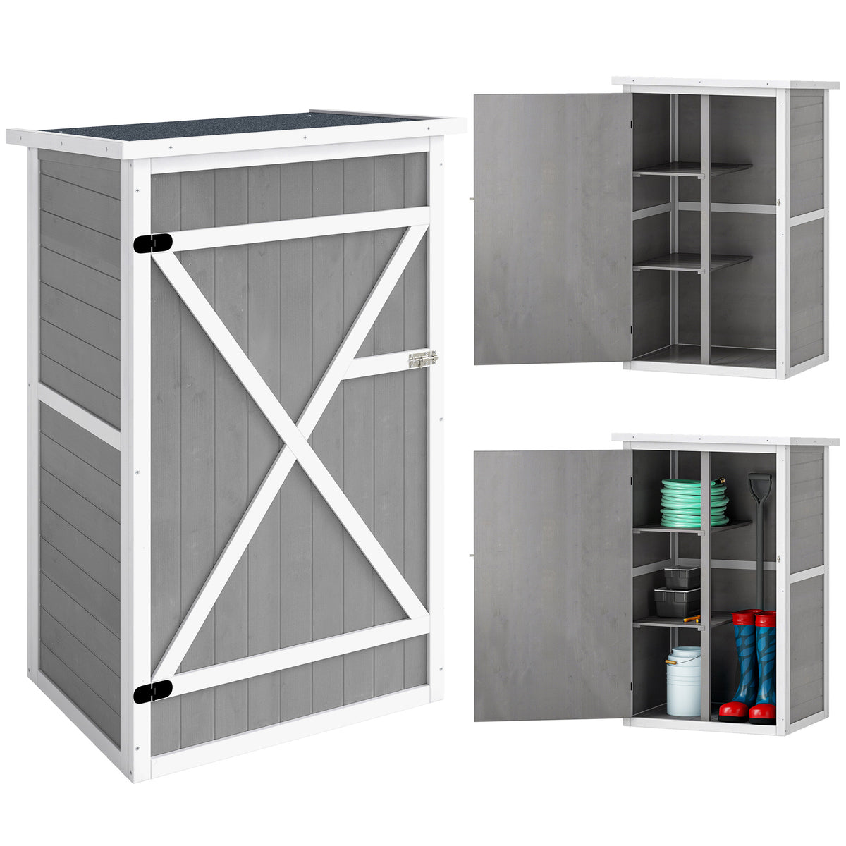 Photo of Outsunny Wooden Small Shed, Garden Storage Shed with Shelves and Bolt Latch, 75L x 56W x115H cm, Grey in Grey colour on a white background