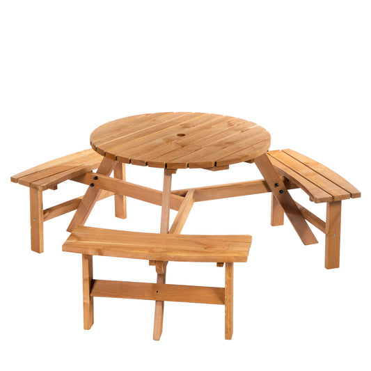 Photo of Outsunny Wooden Garden Dining Set, 6 Seater Round Dining Picnic Table with Matching Bench, Garden Furniture Set with Parasol Hole for Outdoor Patio Party and Family Gatherings, Brownish Red in Red colour on a white background