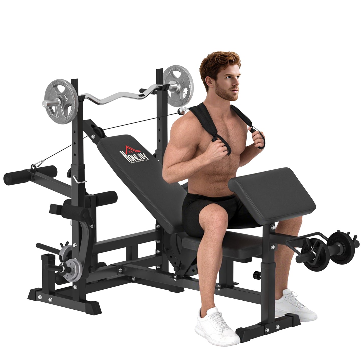 Photo of HOMCOM Weight Bench, 6 in 1 Adjustable Bench Press with Leg Extension, Barbell Rack, Preacher Curl Pad, Resistance Band, Multi-Function Home Gym Equipment for Strength Training Weightlifting in Weightlifting colour on a white background