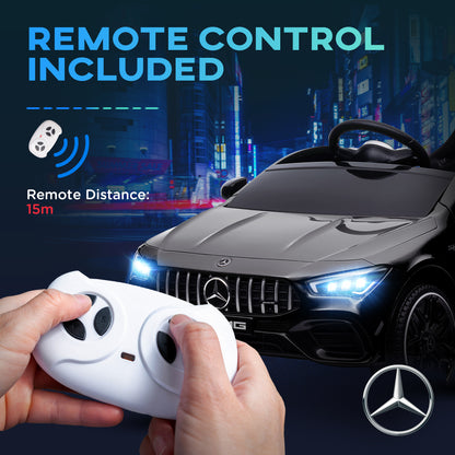 Black Mercedes-Benz AMG CLA 45 ride-on car with white remote control