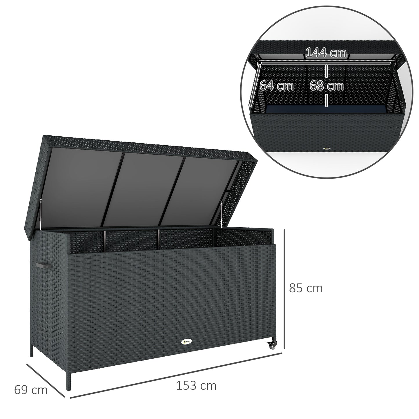 Outsunny 627L Rattan Storage Box with 2 Brake Wheels - Black
