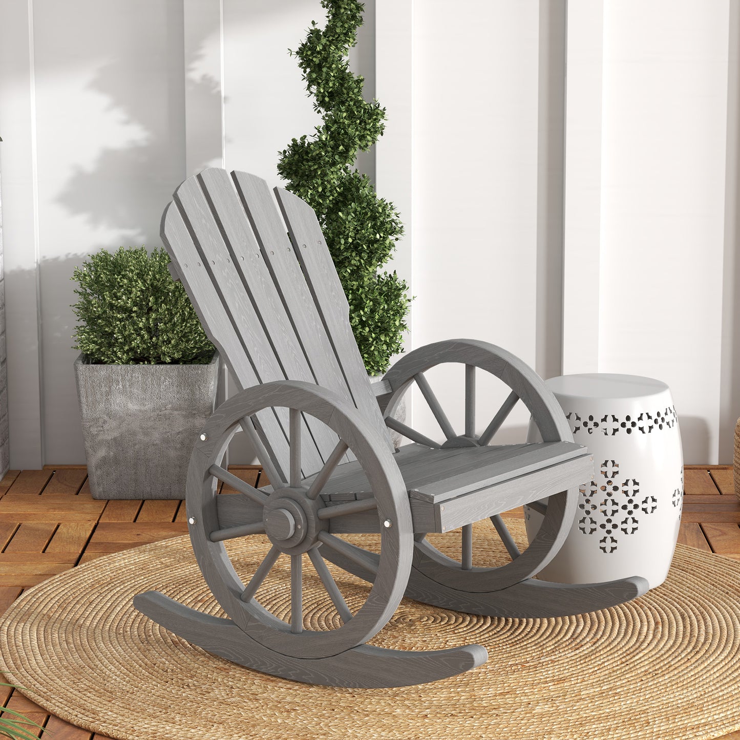 Outsunny Wooden Adirondack Rocking Chair Reclining Armchair Garden Furniture Patio Porch Rocker - Grey