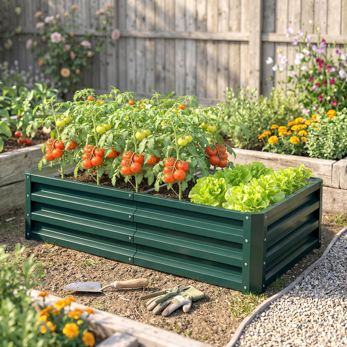 Green raised garden bed divided between tomato plants and lettuce