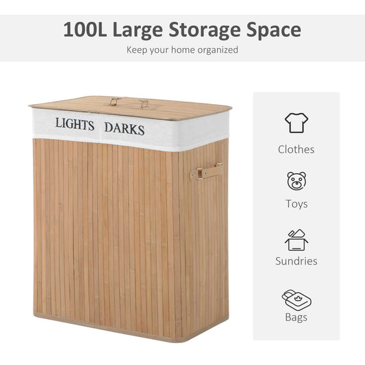 Natural wood laundry hamper with lid, two-section fabric liner, and Lights/Darks labels