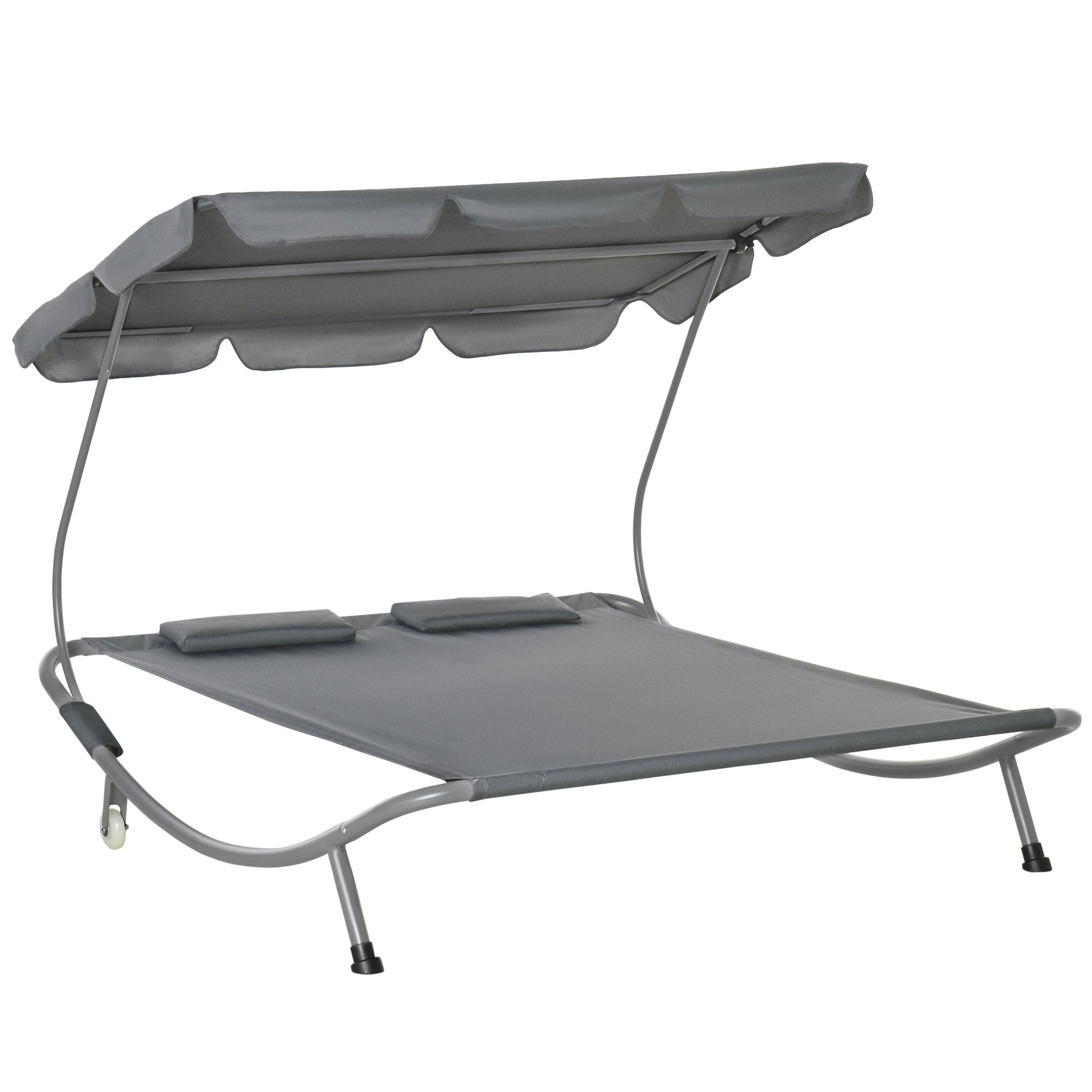Photo of Outsunny Double Sun Lounger with Adjustable Detachable Canopy, Portable Garden Daybed for 2 with Wheels, Outdoor Sunbed Hammock with 2 Pillows, 220 KG Max. Load, Grey in Grey colour on a white background