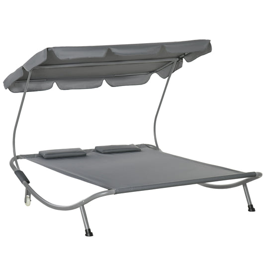Photo of Outsunny Double Sun Lounger with Adjustable Detachable Canopy, Portable Garden Daybed for 2 with Wheels, Outdoor Sunbed Hammock with 2 Pillows, 220 KG Max. Load, Grey in Grey colour on a white background