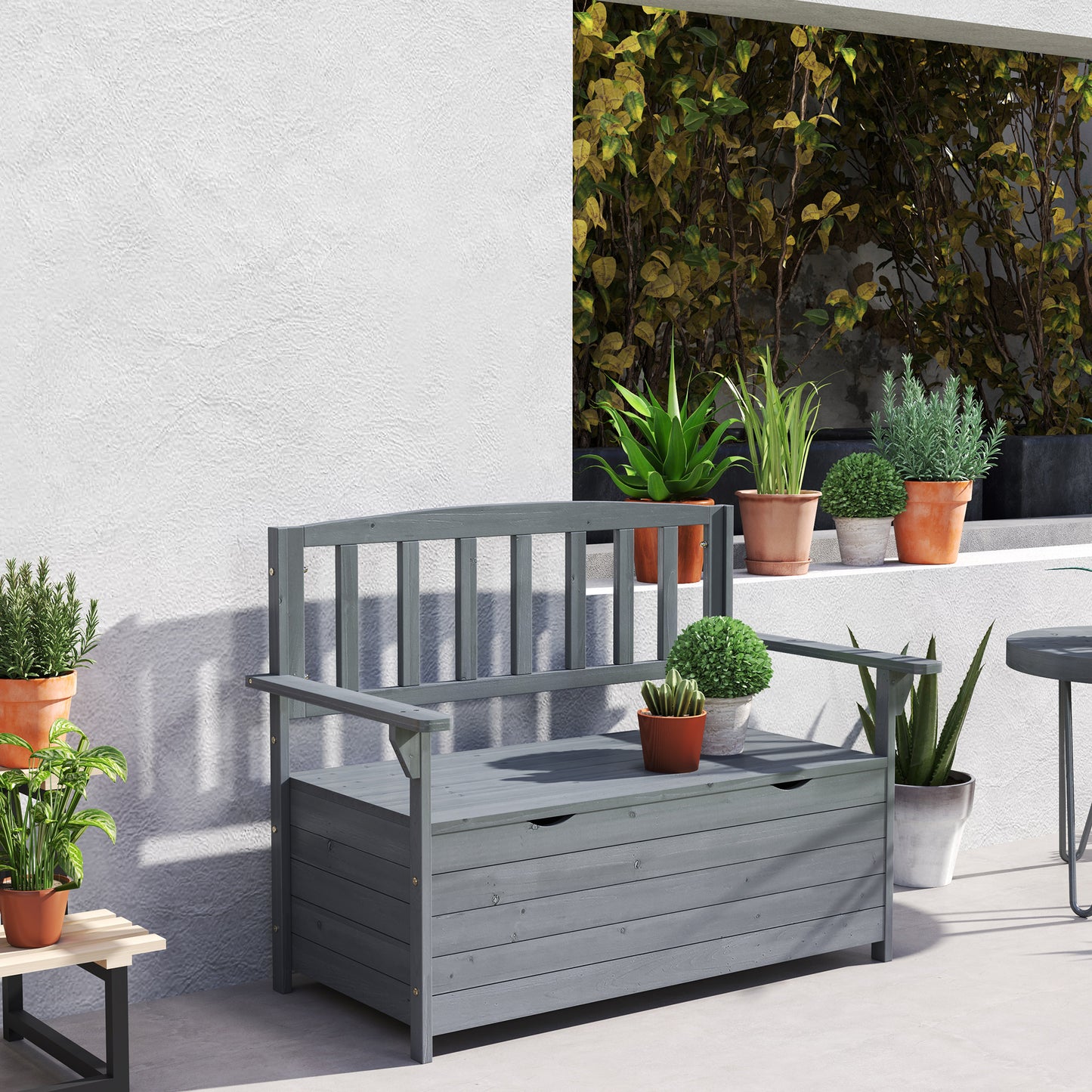 Outsunny Outdoor 2 Seater Garden Bench, Wooden Bench with Storage, Backrest, Arm Rests, 112 x 84 x 58 cm, Grey