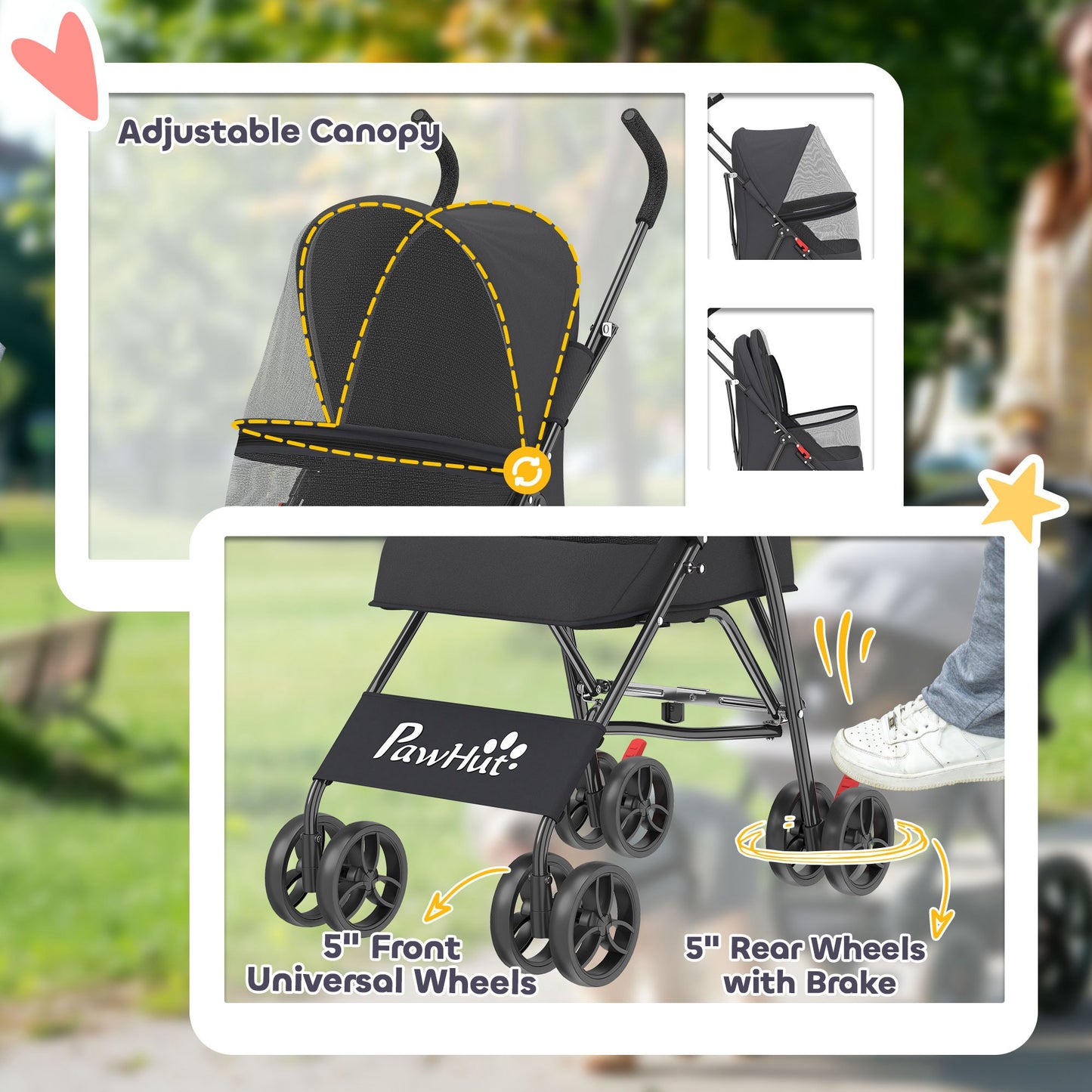 PawHut Dog Stroller, Foldable Cat Dog Pram for Miniature Breeds, Pet Stroller with Brake, Mesh Windows, Black