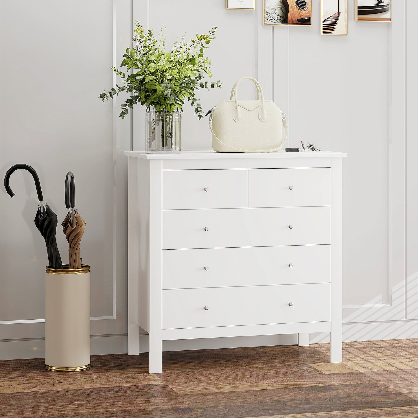 HOMCOM 5 Drawer Chest of Drawers, Modern Dresser for Bedroom, Wide Storage Unit for Living Room, Hallway, Closet, White