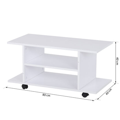 White mobile TV stand with two open shelves, four caster wheels and 80 cm width