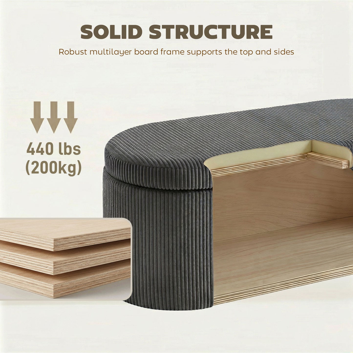 HOMCOM Storage Ottoman, Corduroy Upholstered Ottoman Storage Box with Padded Seat, 105 x 51 x 49 cm, Dark Grey