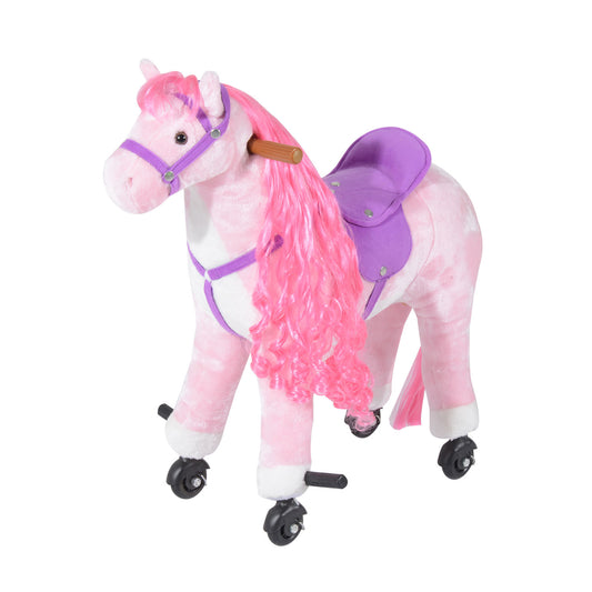 Photo of HOMCOM Plush Walking Horse Ride On Toy with Wheels and Realistic Sounds Rocking Horse for Girls Boys 2+ Years Old, 50cm Tall, Pink in Pink colour on a white background