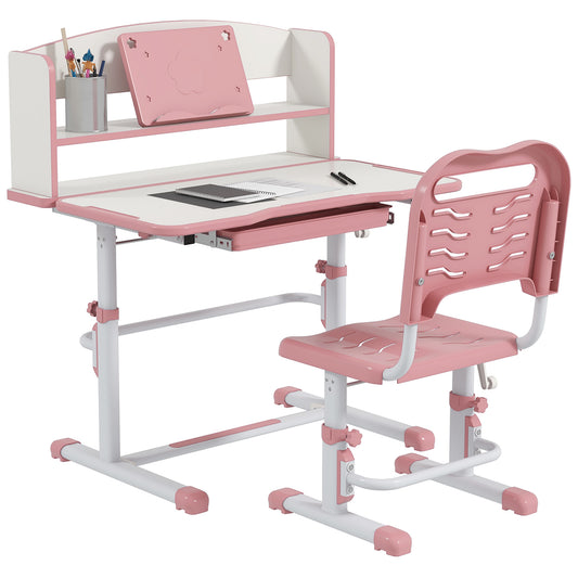 Photo of ZONEKIZ Height Adjustable Kids Study Table and Chair Set, with Drawer, Storage Shelf, 80 x 54.5 x 104 cm, Pink in Pink colour on a white background