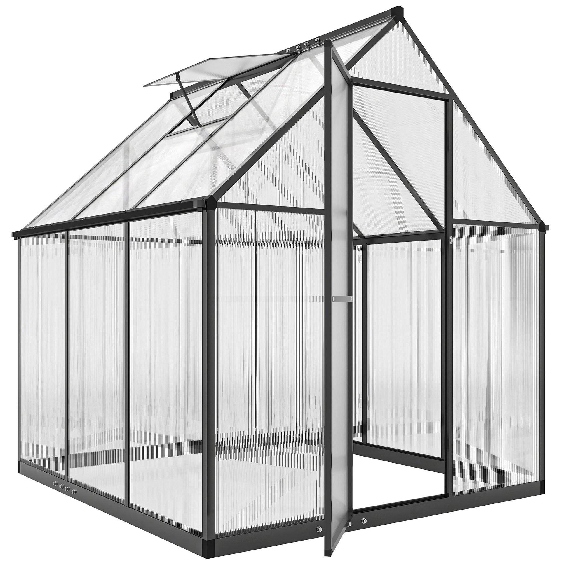 Photo of Outsunny Polycarbonate Greenhouse with Swing Door and Adjustable Window, Walk-in Greenhouse with Rain Gutter, 5.5 x 6ft, Black in Black colour on a white background