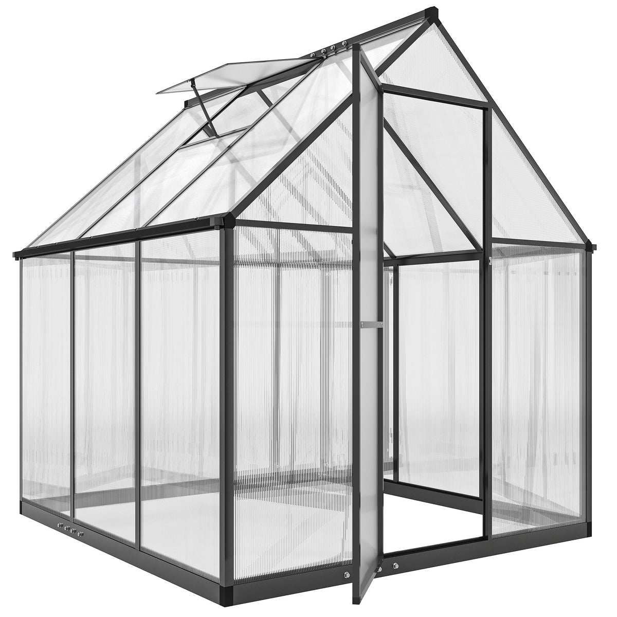 Photo of Outsunny 6 x 5.5ft Polycarbonate Greenhouse, Quick Setup Walk in Green House, Push Door, Adjustable Roof Vent, Rain Gutter, Black in Black colour on a white background