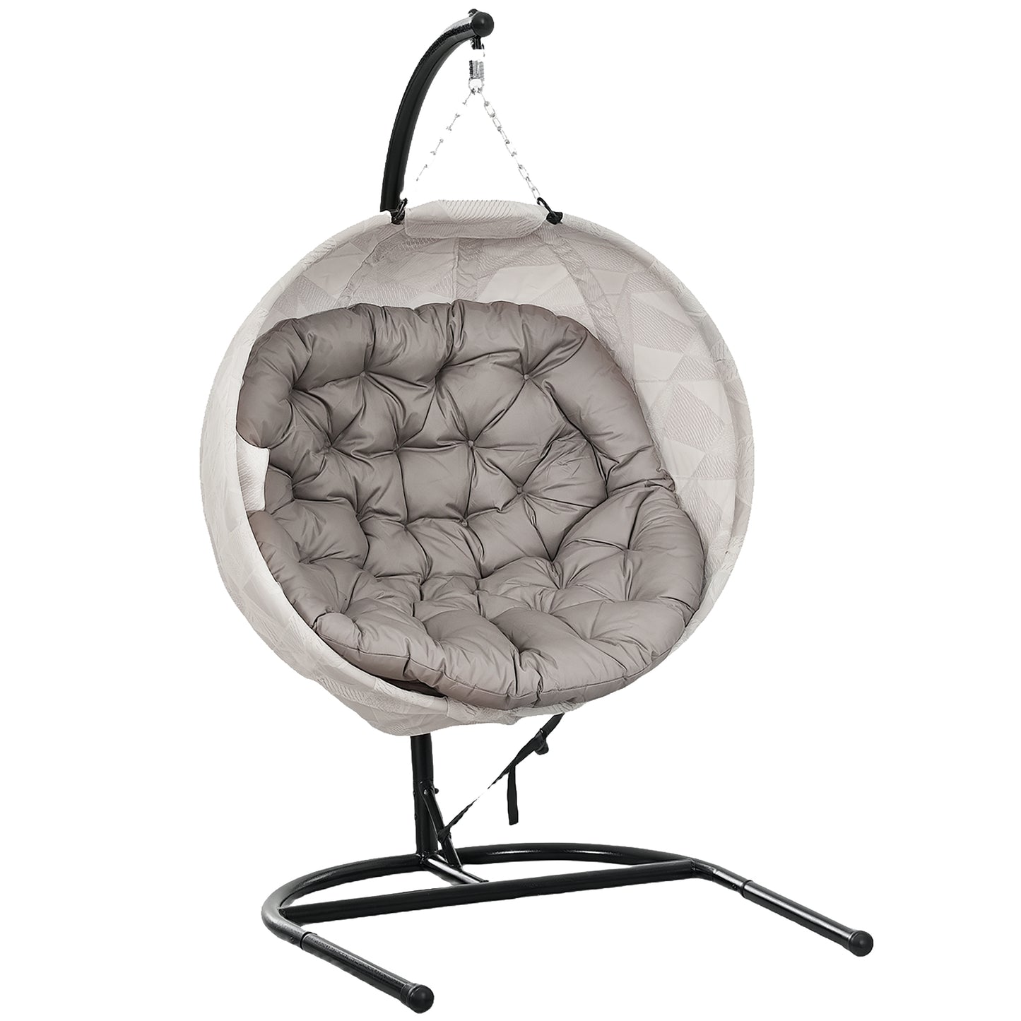 Photo of Outsunny Hanging Egg Chair Outdoor Indoor Garden Swing Chair with Folding Basket, Garden Hanging Chair with Stand, Thickened Cushion, Cup Holder for Patio, Balcony, Sand Brown in Brown colour on a white background