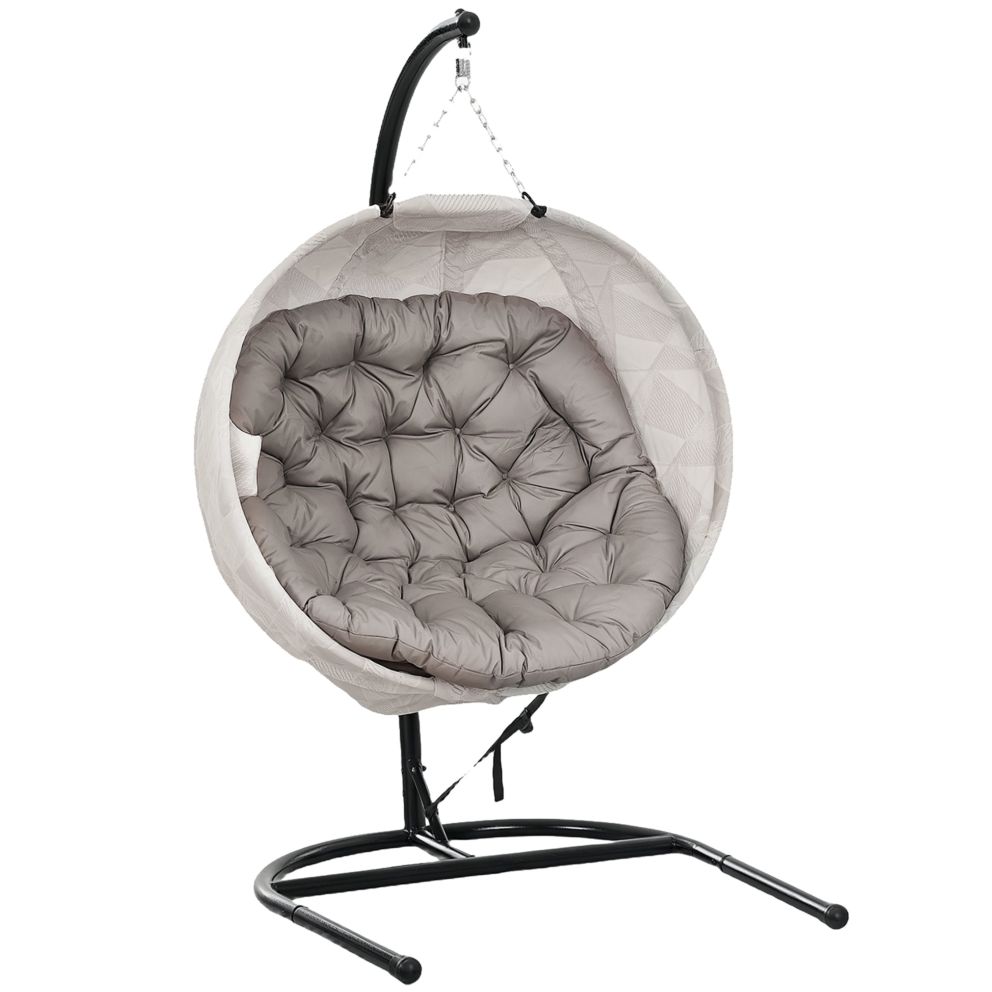 Photo of Outsunny Hanging Egg Chair Outdoor Indoor Garden Swing Chair with Folding Basket, Garden Hanging Chair with Stand, Thickened Cushion, Cup Holder for Patio, Balcony, Sand Brown in Brown colour on a white background