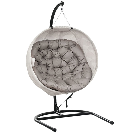 Photo of Outsunny Hanging Egg Chair Outdoor Indoor Garden Swing Chair with Folding Basket, Garden Hanging Chair with Stand, Thickened Cushion, Cup Holder for Patio, Balcony, Sand Brown in Brown colour on a white background