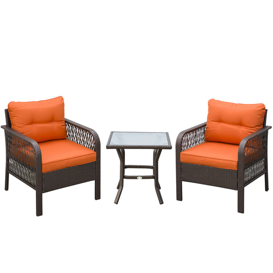 Photo of Outsunny 3 Pieces Rattan Bistro Set with Glass Top Coffee Table, Chairs and Cushions for Outdoor, Patio, Balcony, Orange in Orange colour on a white background