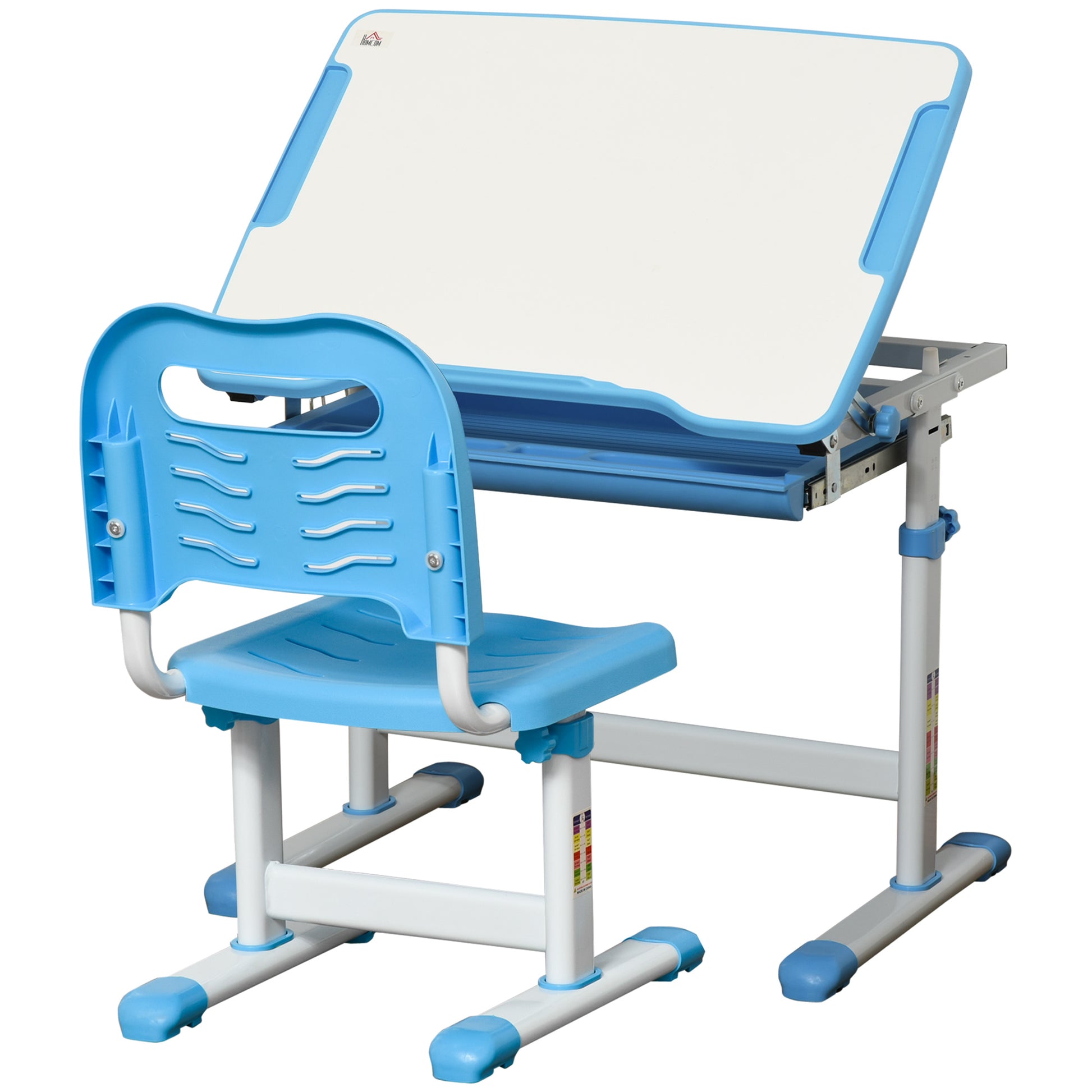 Photo of HOMCOM Kids Desk and Chair Set, Height Adjustable Student Writing Desk, Children School Study Table with Tiltable Desktop, Drawer, Pen Slot, Hook - Blue in Blue colour on a white background