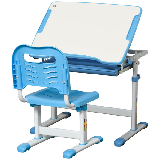 Photo of HOMCOM Kids Desk and Chair Set, Height Adjustable Student Writing Desk, Children School Study Table with Tiltable Desktop, Drawer, Pen Slot, Hook - Blue in Blue colour on a white background