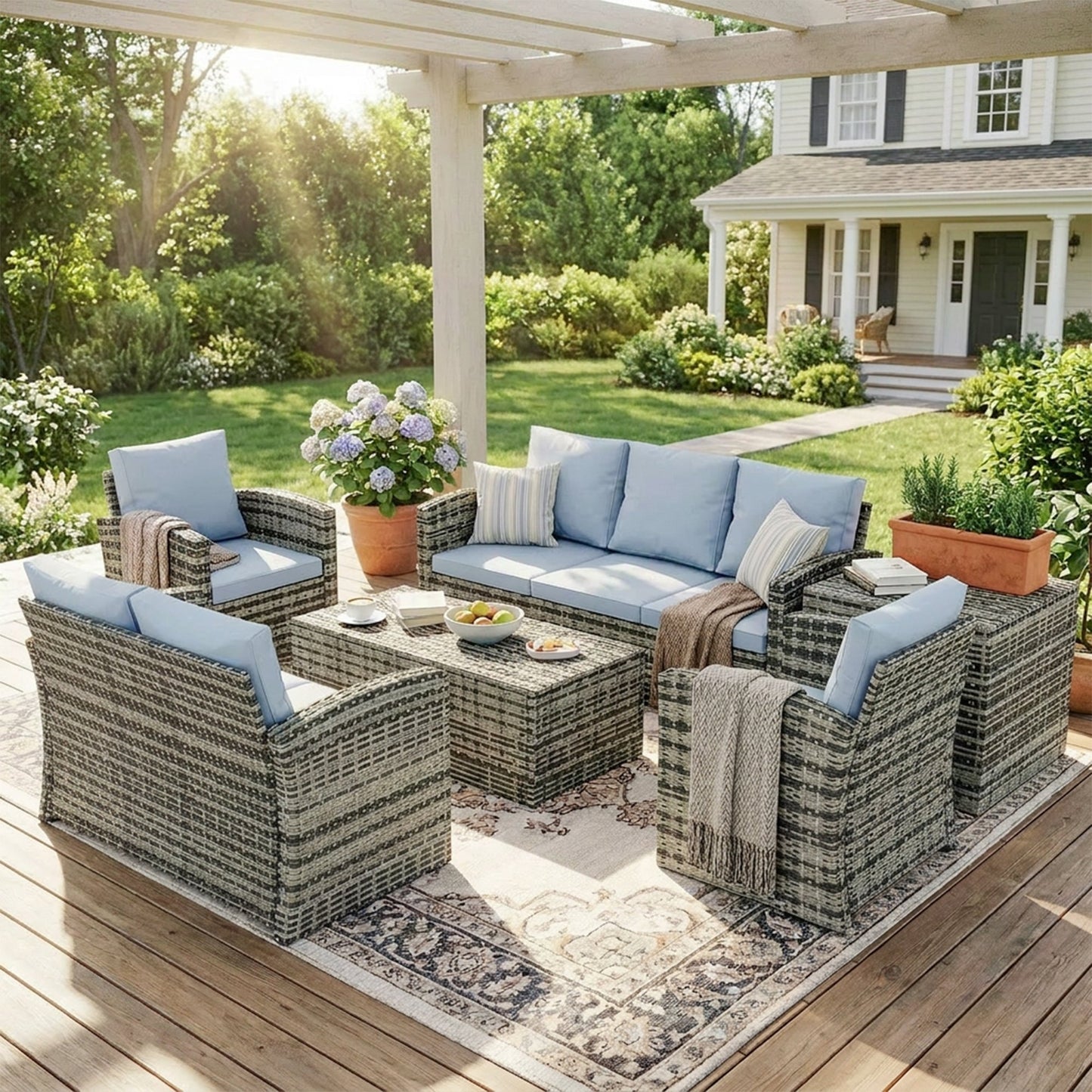 Outsunny 6 Pieces Rattan Garden Furniture Set, 7 Seater Wicker Outdoor Furniture Set with Storage Tea Table & Side Table, Sectional Garden Sofa Set with Cushions, Grey
