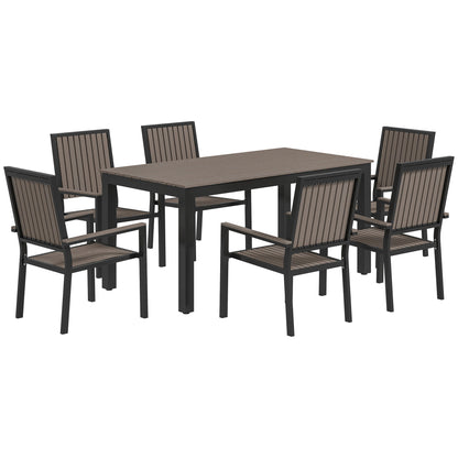 Outsunny six-seat garden dining set with rectangular brown table and six slatted chairs