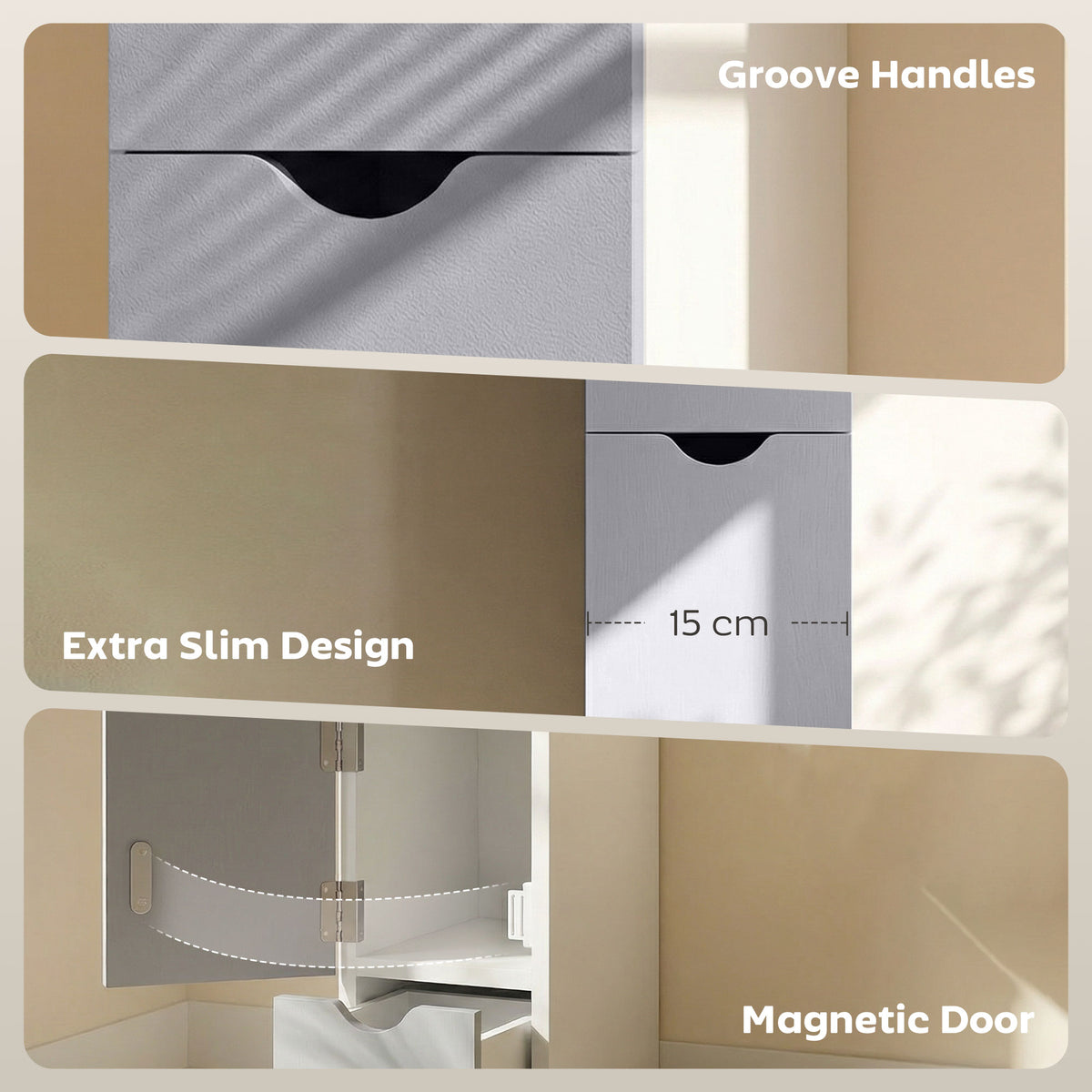 HOMCOM cabinet details show a grooved drawer handle, 15 cm slim width, and magnetic door