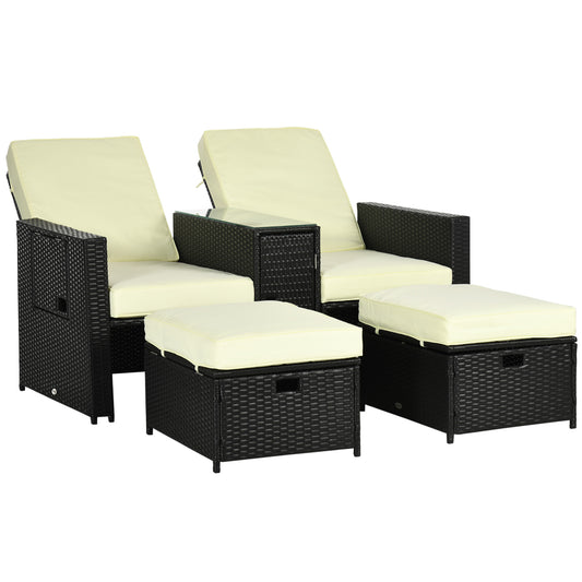 Photo of Outsunny 5PC PE Rattan Sun Lounger, Outdoor Wicker 5-level Adjustable Recliner Sofa Bed with Storage Side Table and Footstools, for Patio, Garden, Poolside, Black in Black colour on a white background