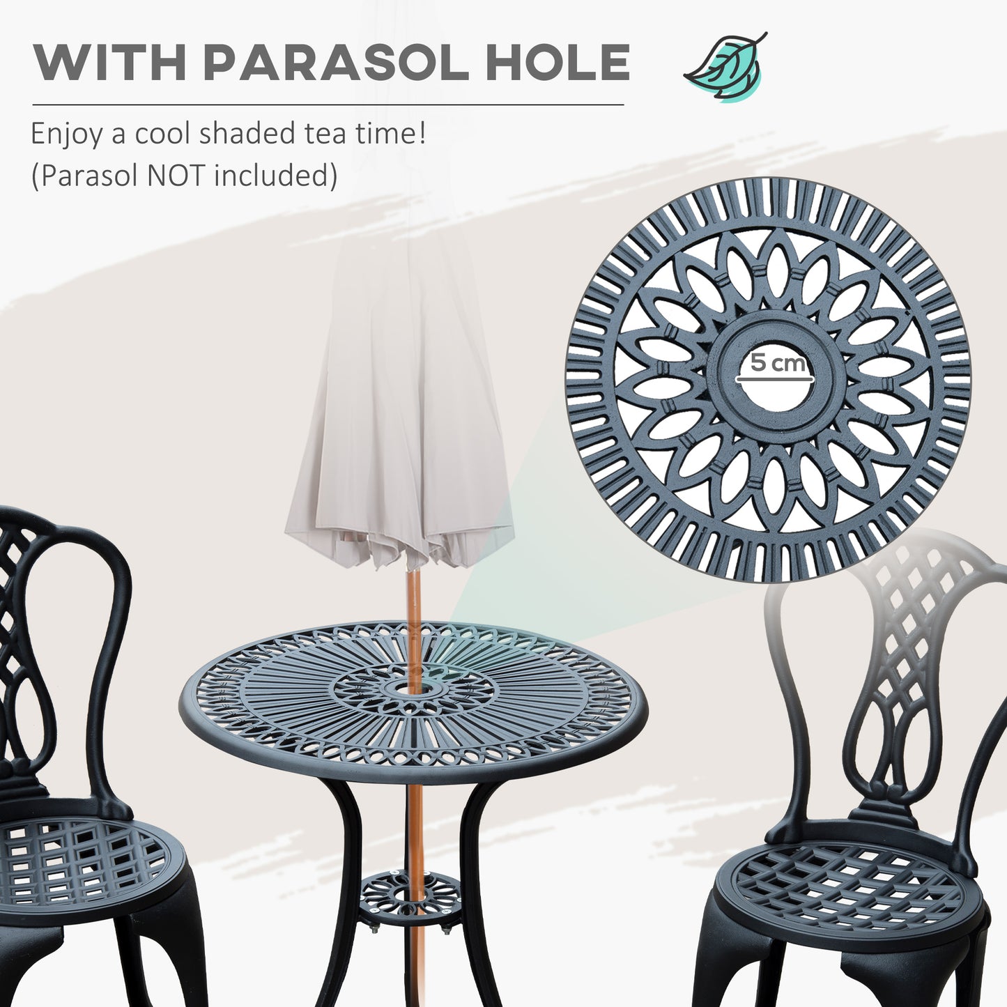 Outsunny 3 Piece Small Patio Furnture Cast Aluminium Bistro Set Garden Outdoor Table and Chairs Shabby Chic Style