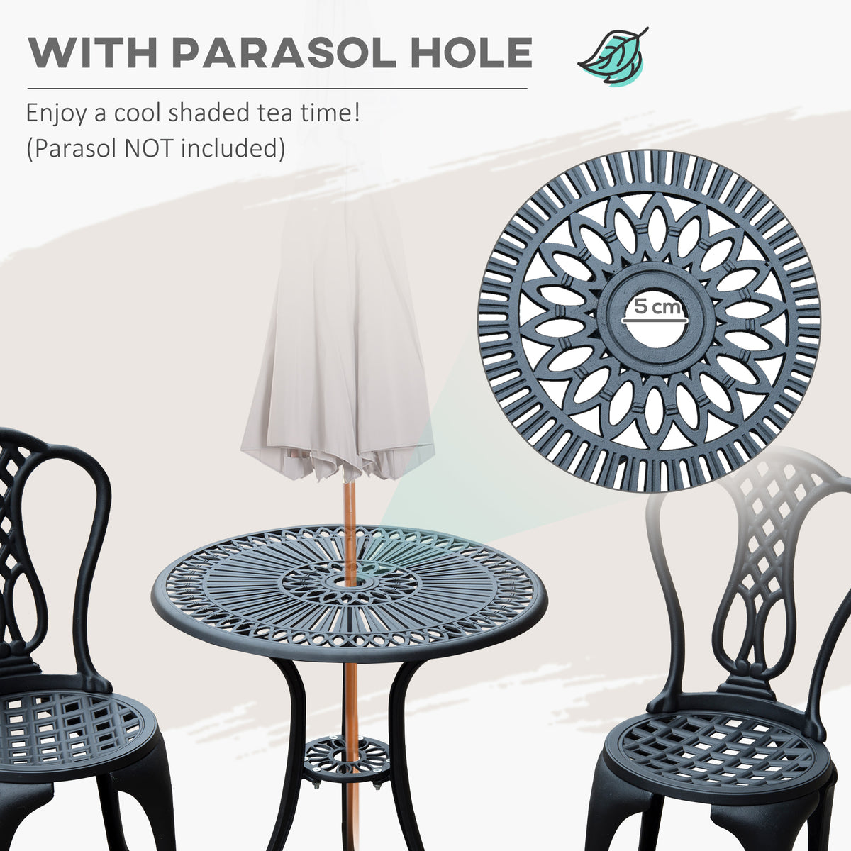 Outsunny 3 Piece Small Patio Furnture Cast Aluminium Bistro Set Garden Outdoor Table and Chairs Shabby Chic Style