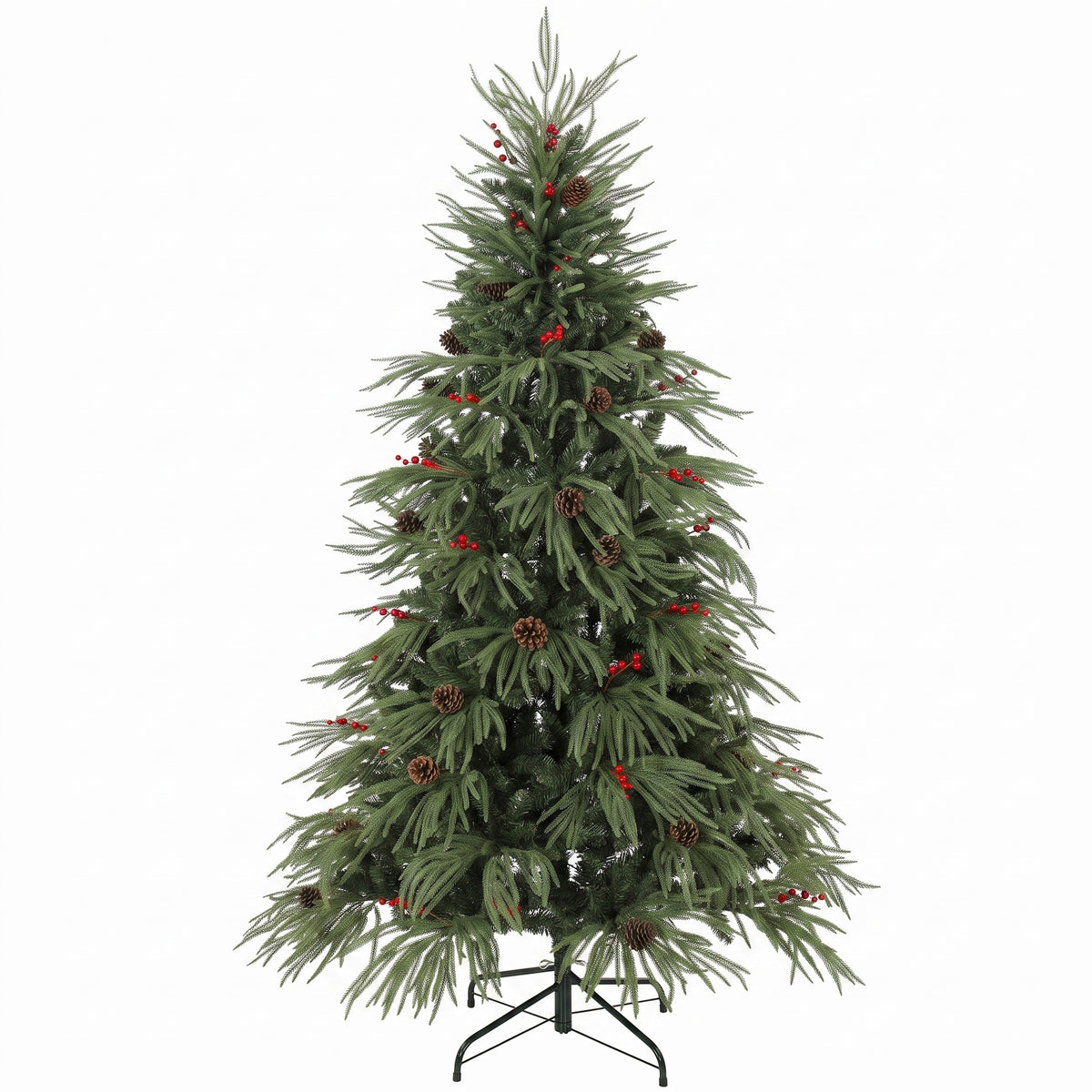 Photo of HOMCOM 6ft Artificial Christmas Tree with Pinecones, Red Berries, Hinged Predecorated Xmas Tree with 2843 Branch Tips in Tips colour on a white background