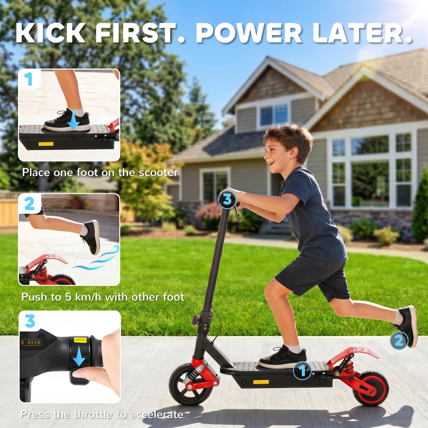AIYAPLAY Foldable Kids Electric Scooter with LCD Display, Dual Shock Absorption, Up to 15 KM/H, Max Range 6 KM for Age 6-14, Red