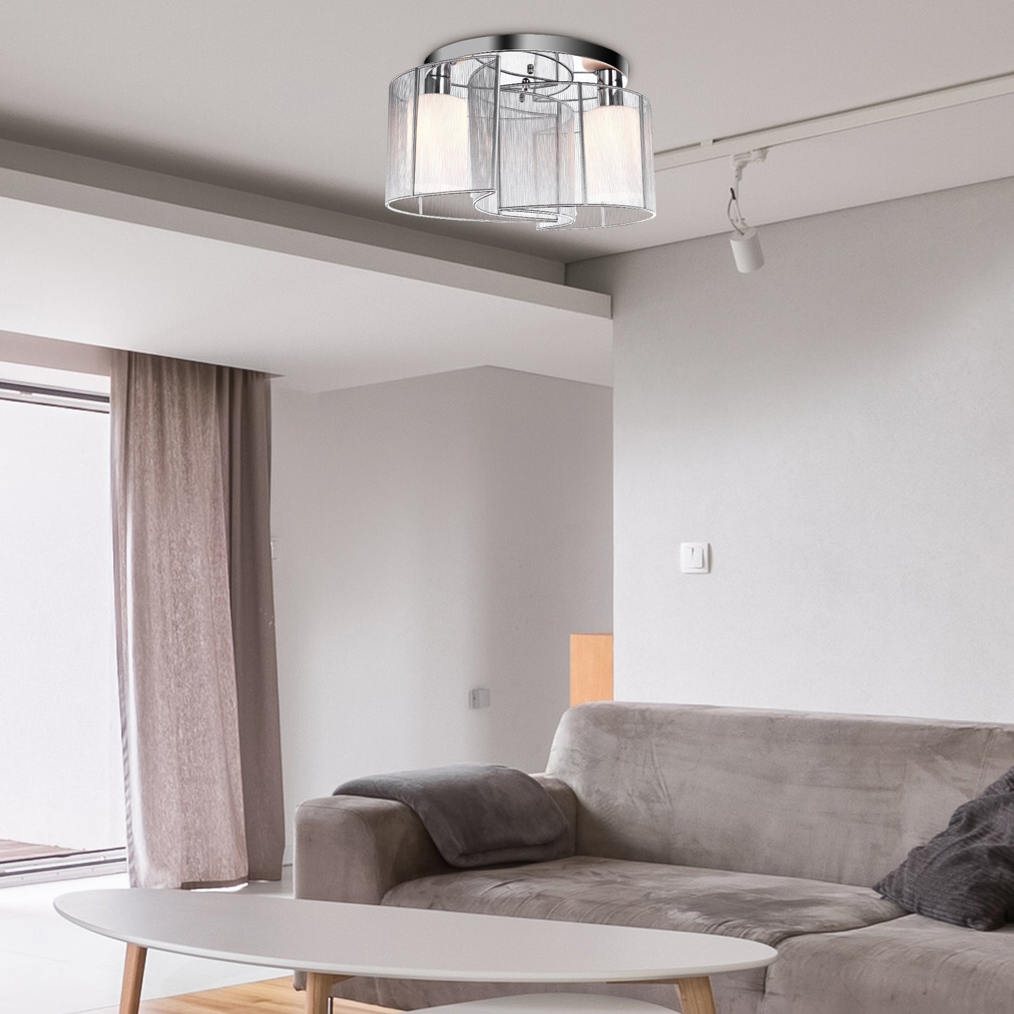 HOMCOM Modern Chandelier, Semi-Flush Mount Ceiling Light with Glass Lampshade, 2 x E27 Bulb Base for Hallway, Dining Room, Living Room, White and Silver