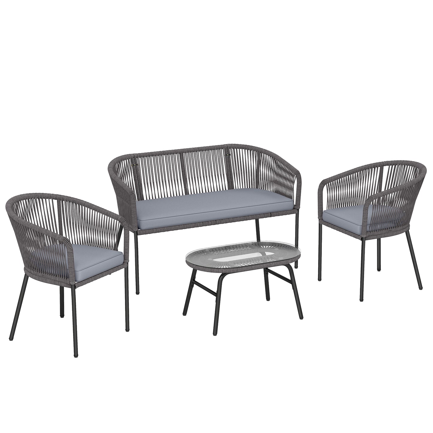 Photo of Outsunny 4 Piece Garden Furniture Set, Rope Garden Sofa Set with 1 Loveseat 2 Chairs Tempered Glass Table Cushions, Dark Grey in Grey colour on a white background