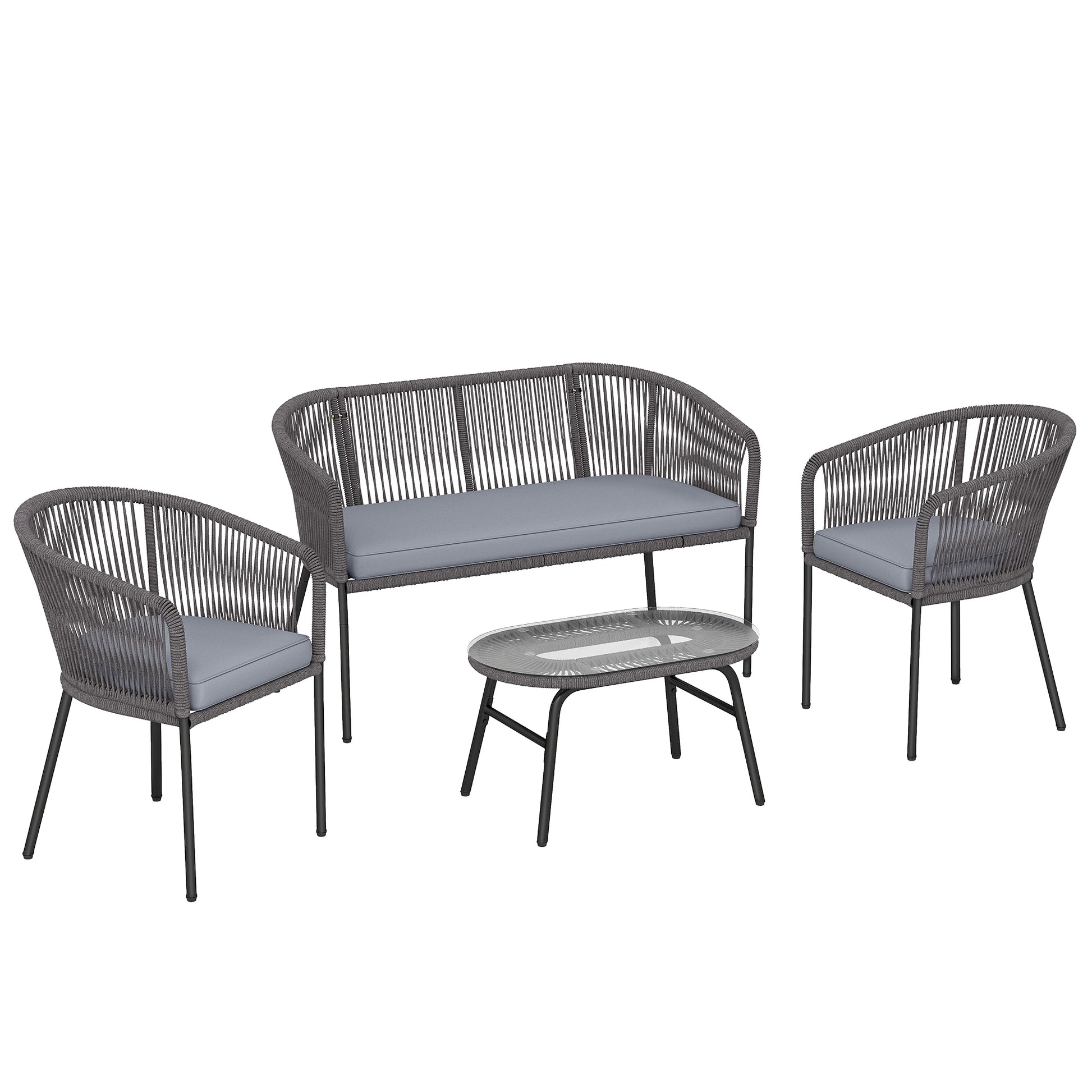 Photo of Outsunny 4 Piece Garden Furniture Set, Rope Garden Sofa Set with 1 Loveseat 2 Chairs Tempered Glass Table Cushions, Dark Grey in Grey colour on a white background