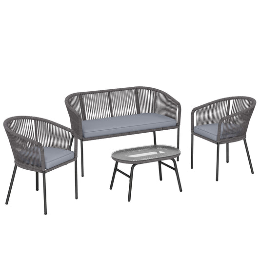 Photo of Outsunny 4 Piece Garden Furniture Set, Rope Garden Sofa Set with 1 Loveseat 2 Chairs Tempered Glass Table Cushions, Dark Grey in Grey colour on a white background