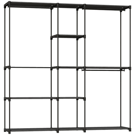 Photo of HOMCOM Portable Wardrobe, Open Clothes Wardrobe with 8 Shelves, 3 Hanging Rails, Black in Black colour on a white background