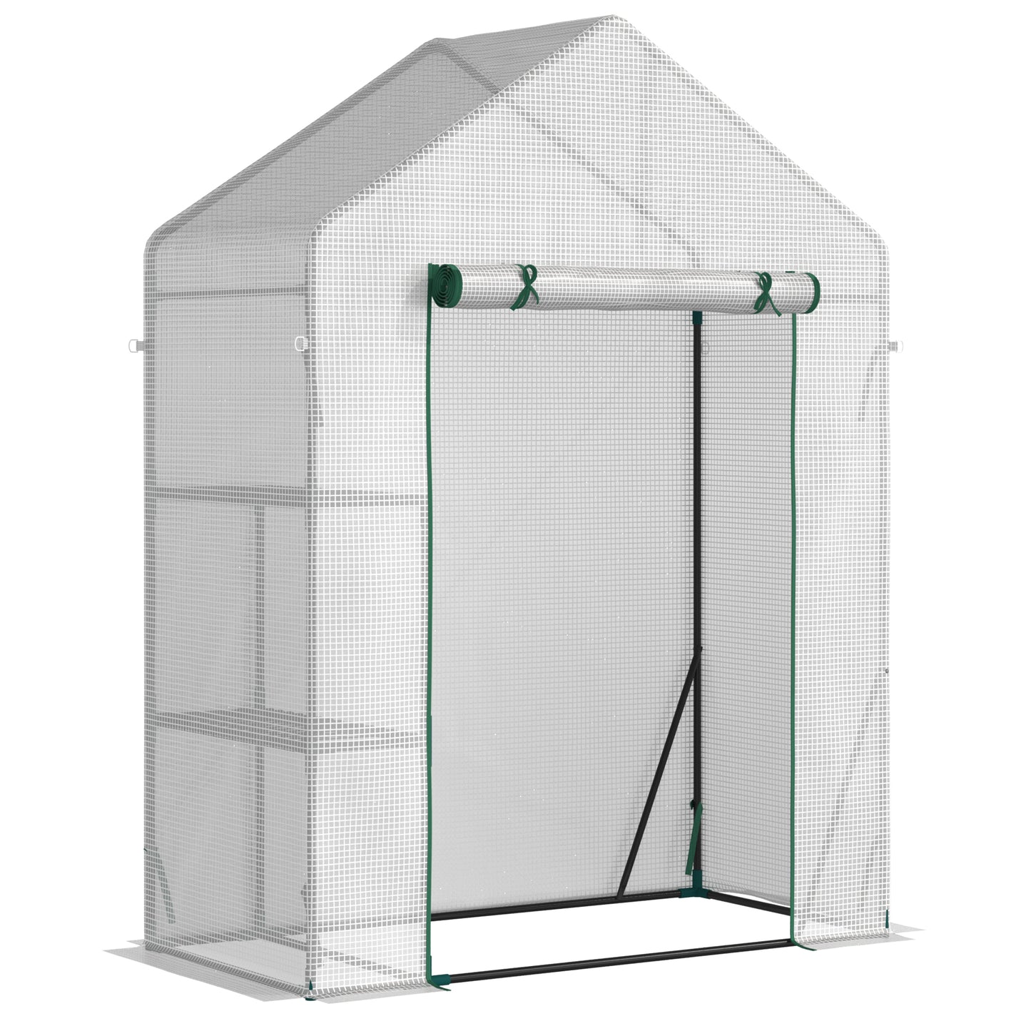 Photo of Outsunny Walk In Greenhouse with 2 Tier Shelf, Portable Gardening Plant Grow House Tomato Greenhouse with Roll up Zip Panel Door, Reinforced PE Cover, 143 x 73 x 195cm, Green in Green colour on a white background