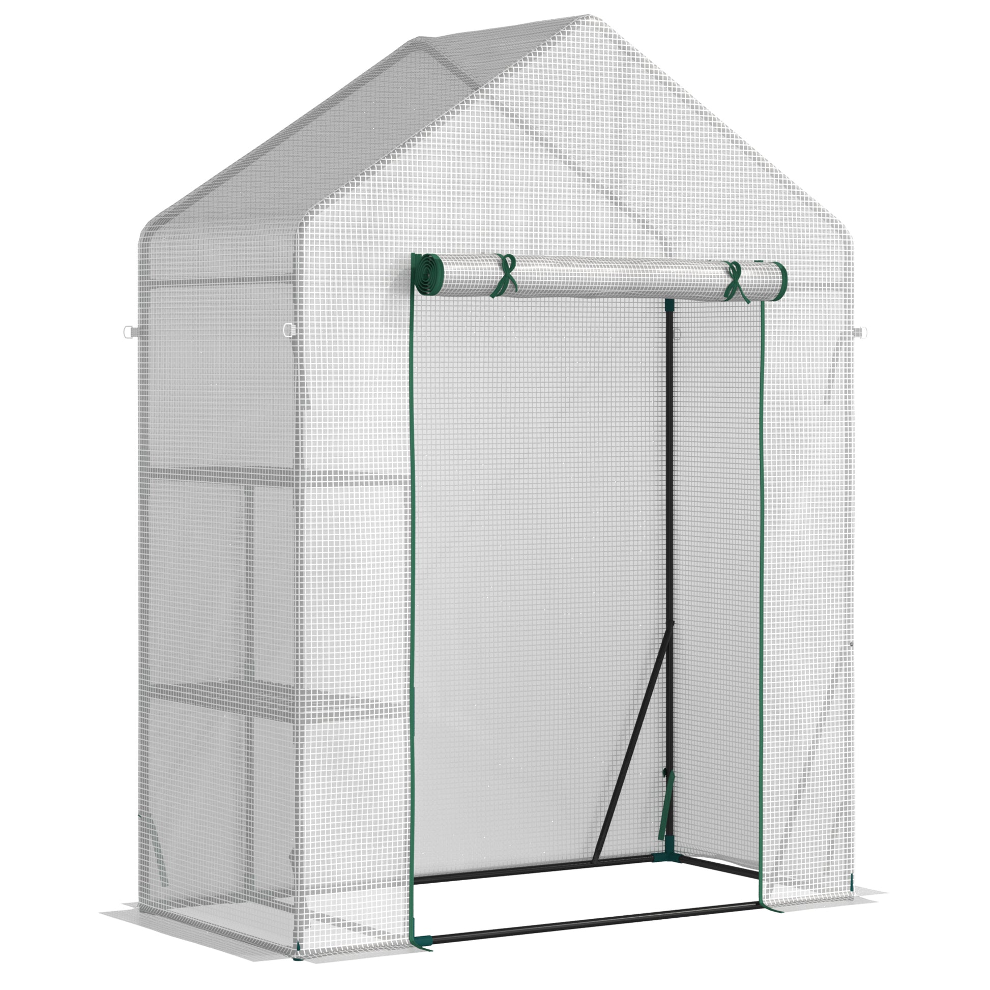 Photo of Outsunny Walk In Greenhouse with 2 Tier Shelf, Portable Gardening Plant Grow House Tomato Greenhouse with Roll up Zip Panel Door, Reinforced PE Cover, 143 x 73 x 195cm, Green in Green colour on a white background