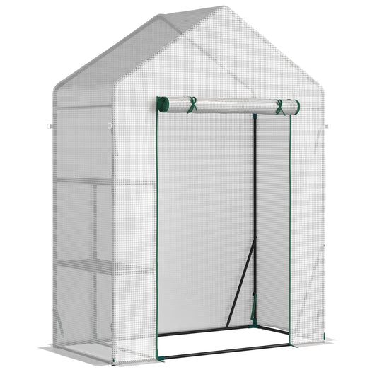 Photo of Outsunny Walk In Greenhouse with 2 Tier Shelf, Portable Gardening Plant Grow House Tomato Greenhouse with Roll up Zip Panel Door, Reinforced PE Cover, 143 x 73 x 195cm, Green in Green colour on a white background