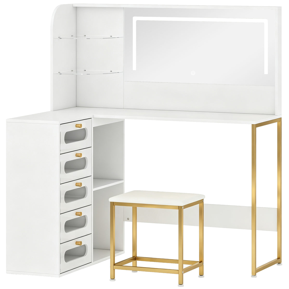 Photo of HOMCOM Dressing Table with LED Mirror and Stool, L-Shaped Vanity Desk with Drawers and Shelves, White in White colour on a white background
