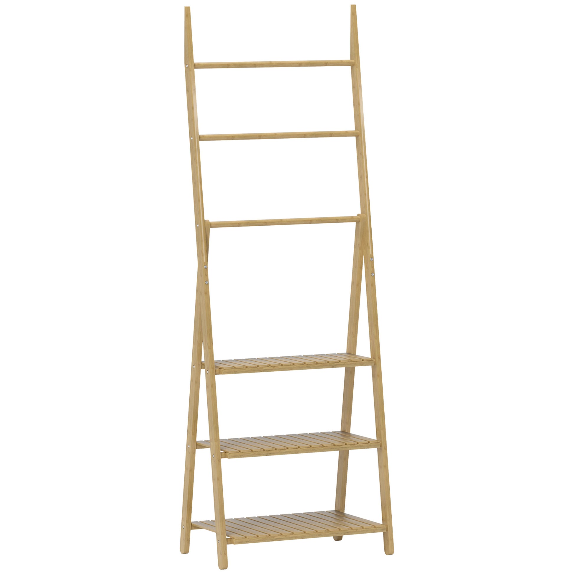 Photo of HOMCOM Three-Shelf Bamboo Storage Unit, with Towel Racks - Natural Finish in Finish colour on a white background